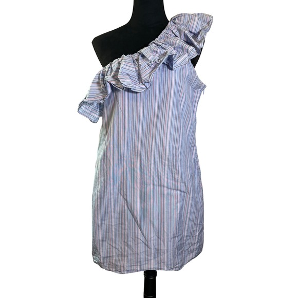 Parker One Shoulder Ruffle Striped Dress Casual‎ Party Blue Pink M - Picture 1 of 8